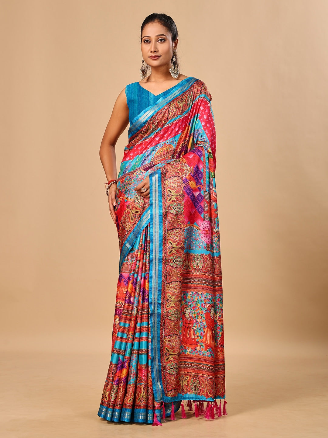 Peachmode Blue Pashmina Print Soft Tussar Silk Saree - Image 1