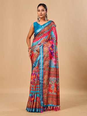 Peachmode Blue Pashmina Print Soft Tussar Silk Saree - Image 1