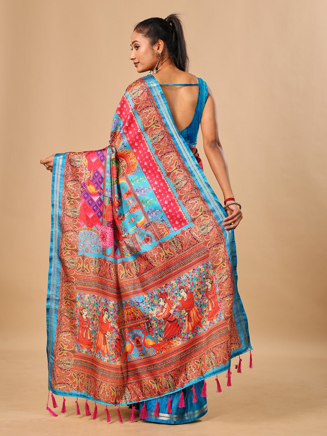 Peachmode Blue Pashmina Print Soft Tussar Silk Saree - Image 3