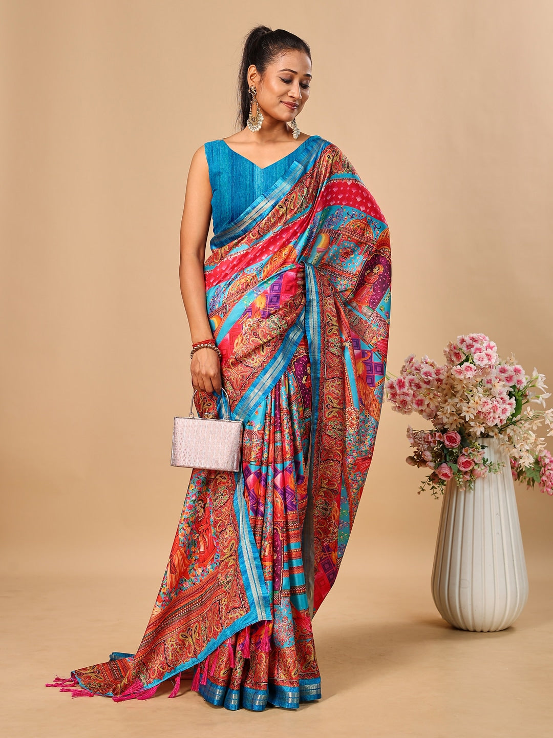 Peachmode Blue Pashmina Print Soft Tussar Silk Saree - Image 4