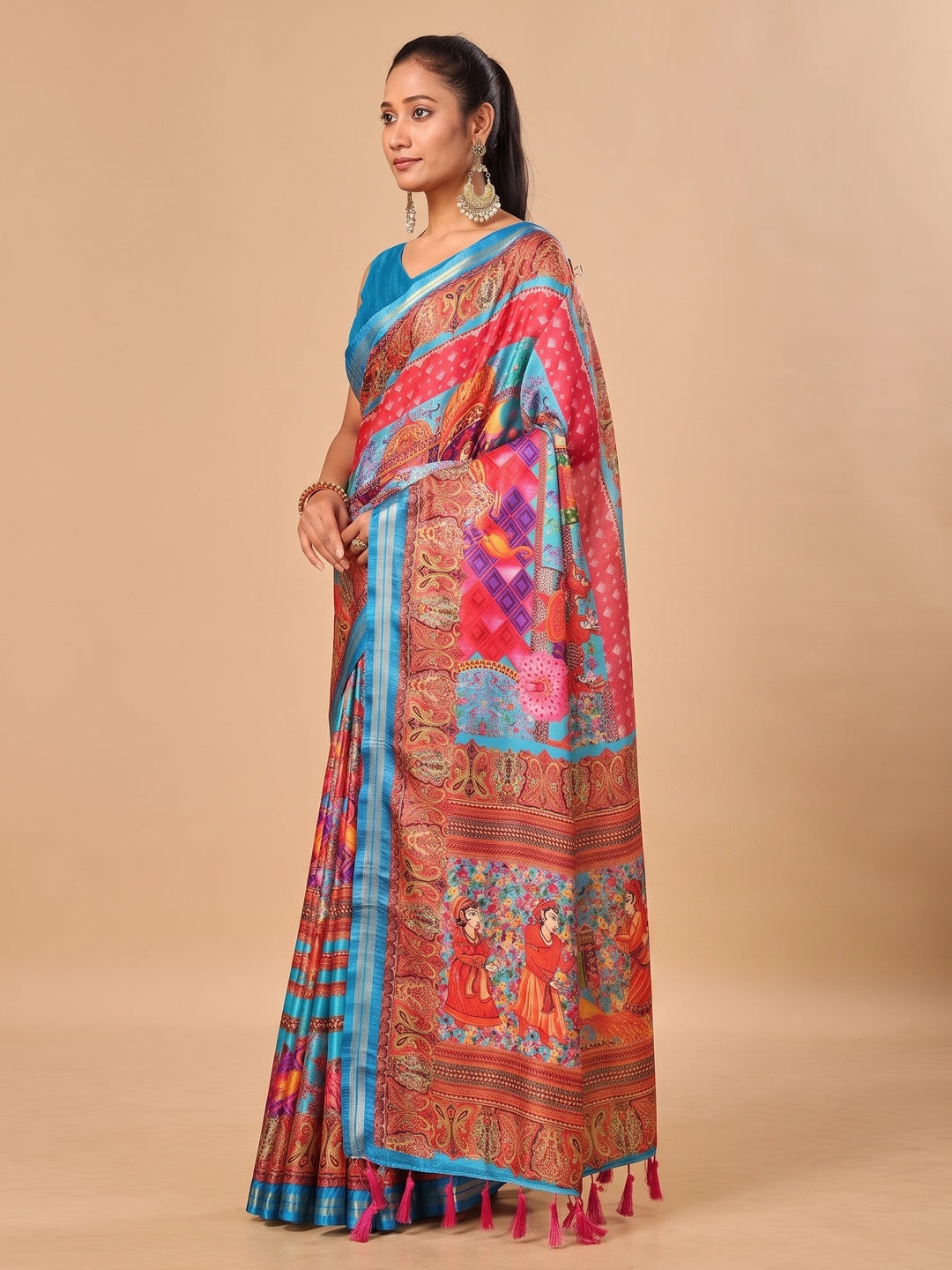 Peachmode Blue Pashmina Print Soft Tussar Silk Saree - Image 5
