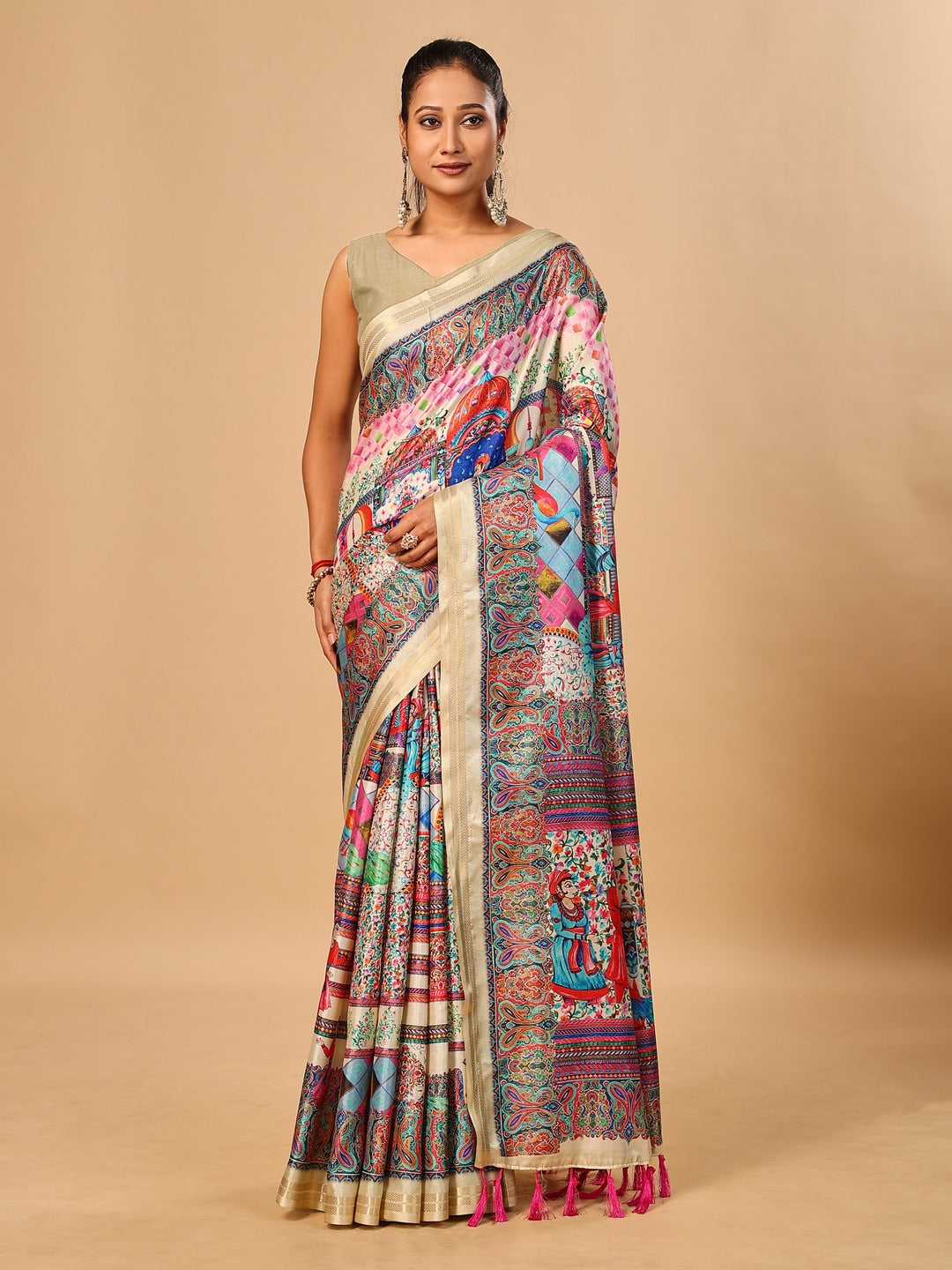 Peachmode Cream Pashmina Print Soft Tussar Silk Saree - Image 1