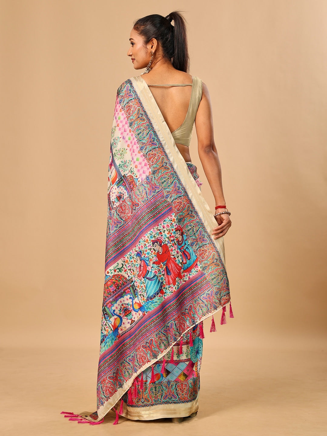 Peachmode Cream Pashmina Print Soft Tussar Silk Saree - Image 3