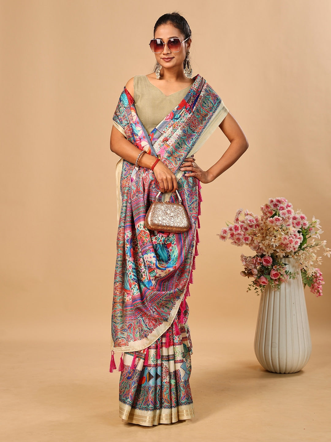 Peachmode Cream Pashmina Print Soft Tussar Silk Saree - Image 4