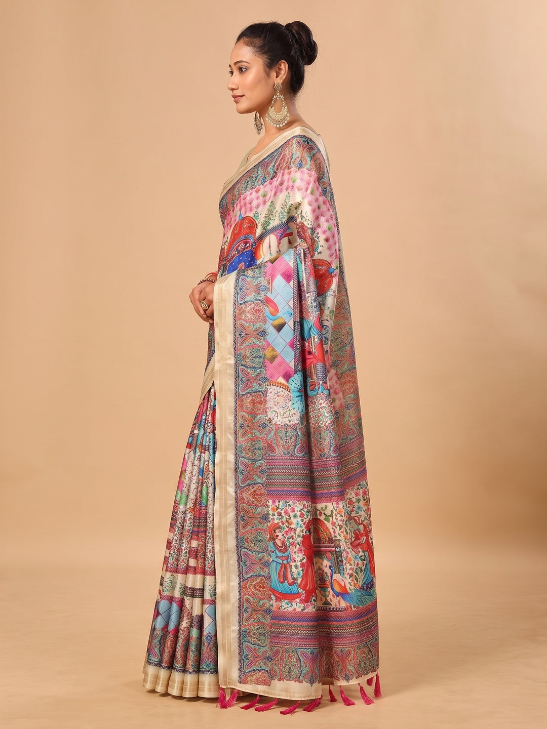 Peachmode Cream Pashmina Print Soft Tussar Silk Saree - Image 5