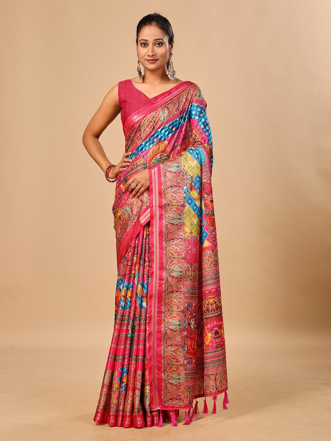 Peachmode Pink Pashmina Print Soft Tussar Silk Saree - Image 1