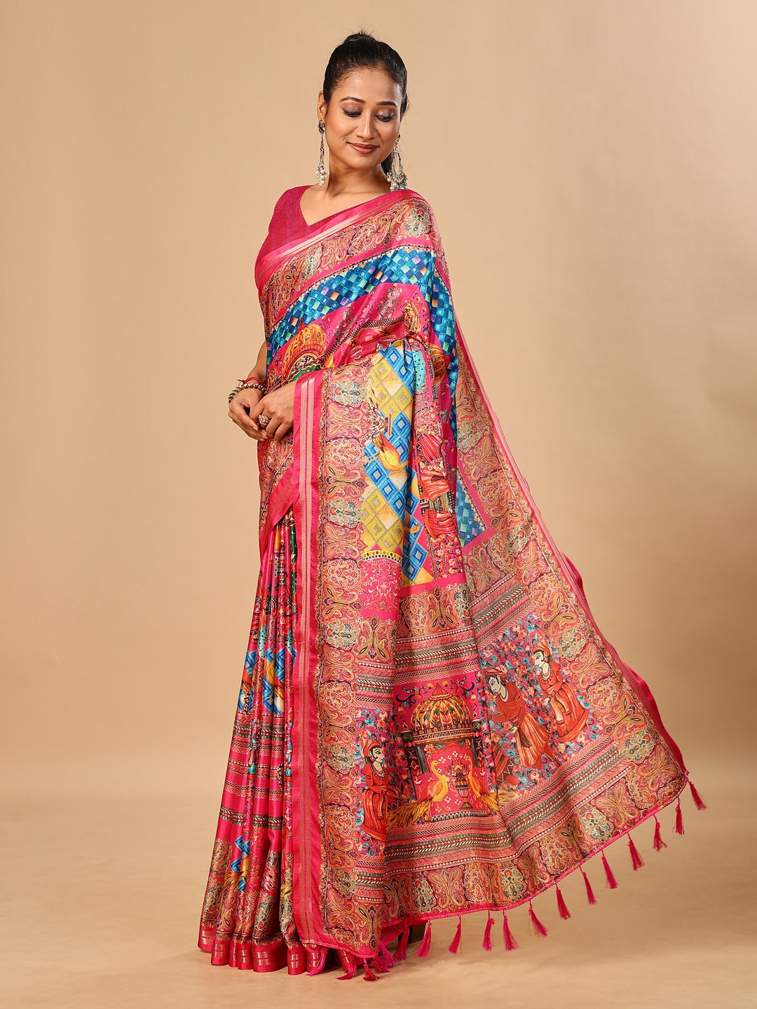 Peachmode Pink Pashmina Print Soft Tussar Silk Saree - Image 2