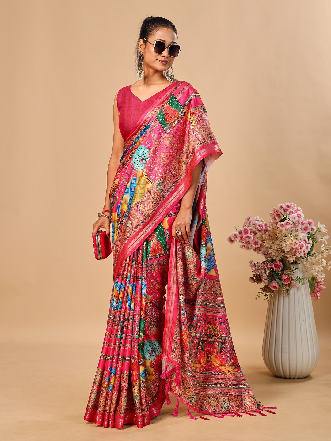 Peachmode Pink Pashmina Print Soft Tussar Silk Saree - Image 4