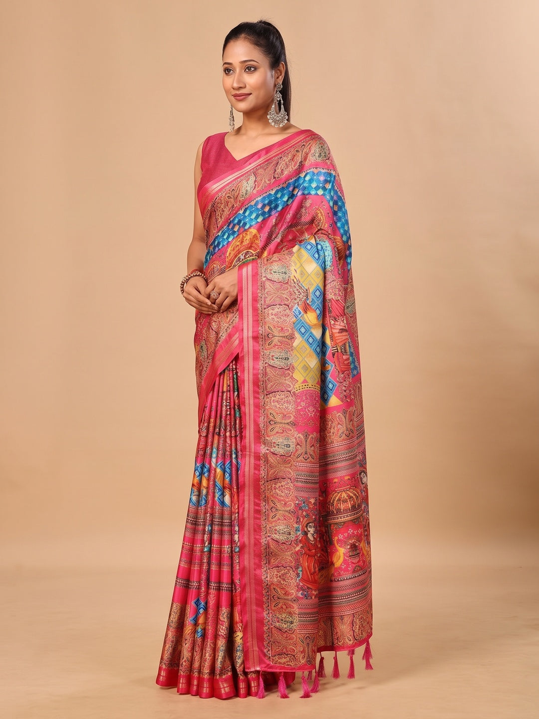 Peachmode Pink Pashmina Print Soft Tussar Silk Saree - Image 5