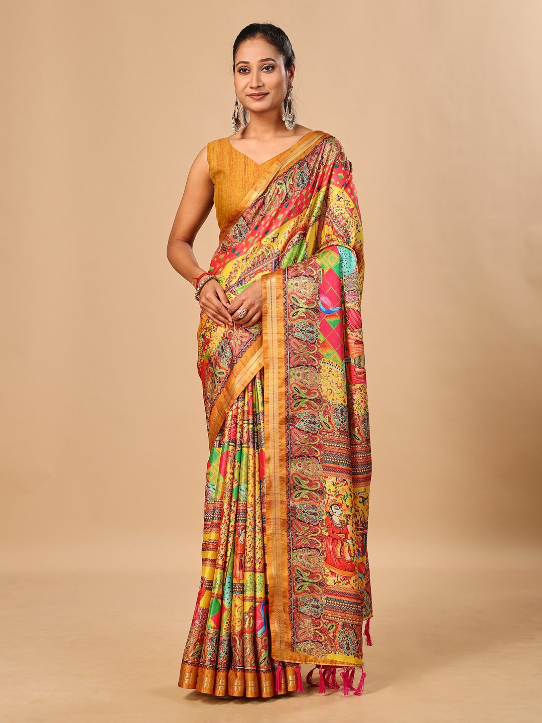 Peachmode Yellow Pashmina Print Soft Tussar Silk Saree - Image 1