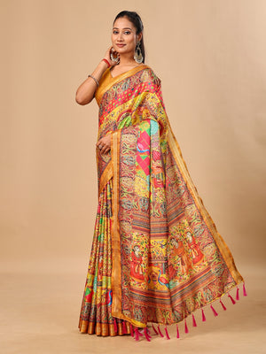 Peachmode Yellow Pashmina Print Soft Tussar Silk Saree - Image 2