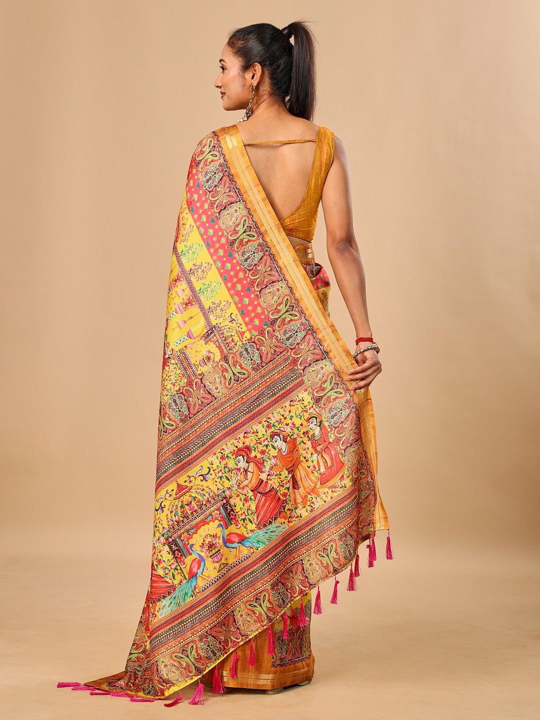 Peachmode Yellow Pashmina Print Soft Tussar Silk Saree - Image 3
