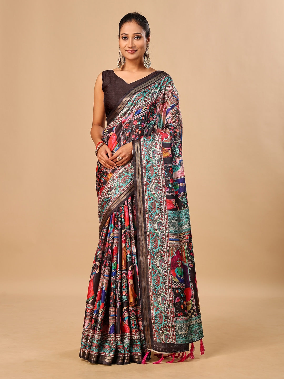 Peachmode Black Pashmina Print Soft Tussar Silk Saree - Image 1