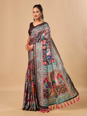 Peachmode Black Pashmina Print Soft Tussar Silk Saree - Image 2