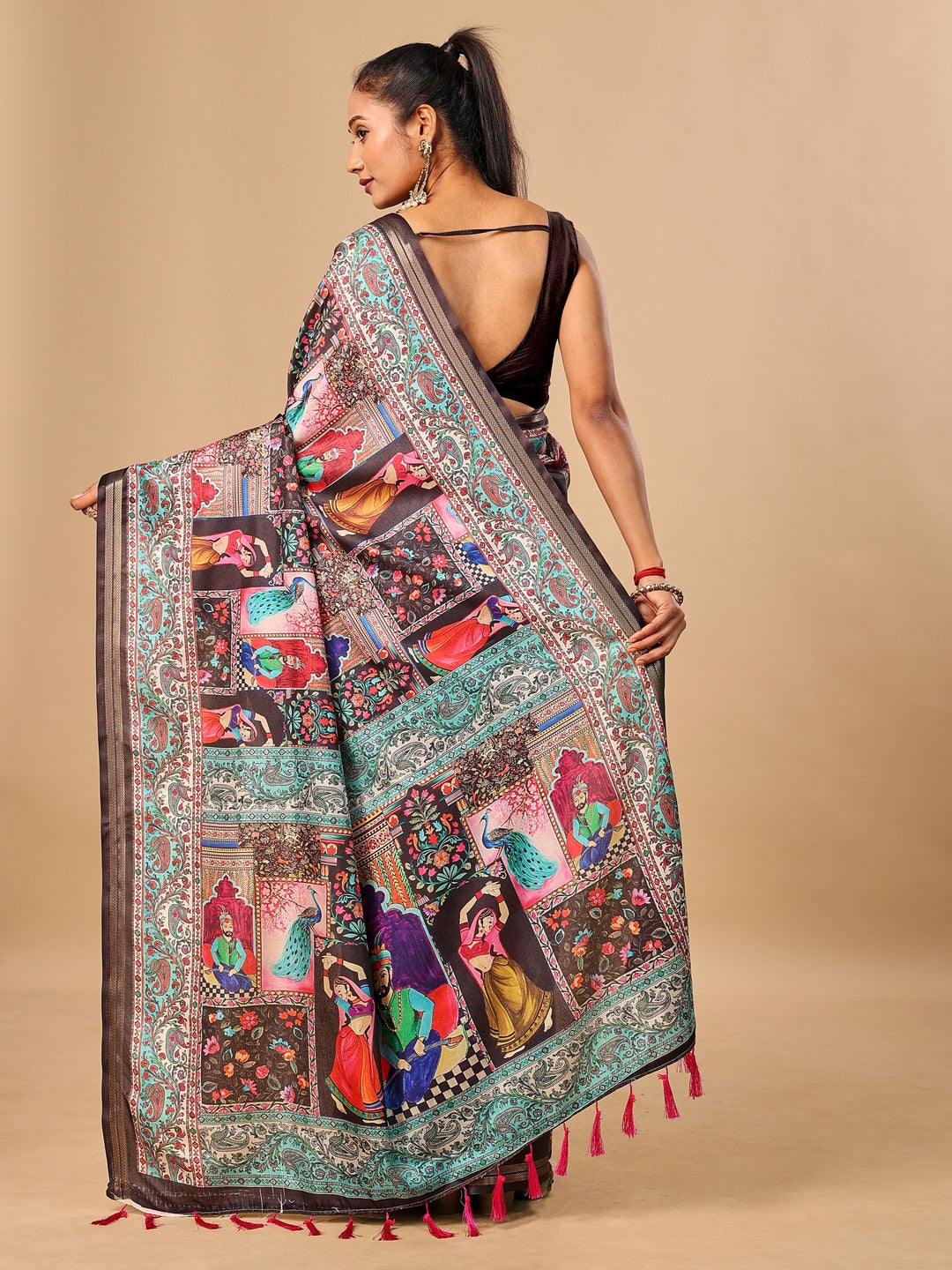 Peachmode Black Pashmina Print Soft Tussar Silk Saree - Image 3