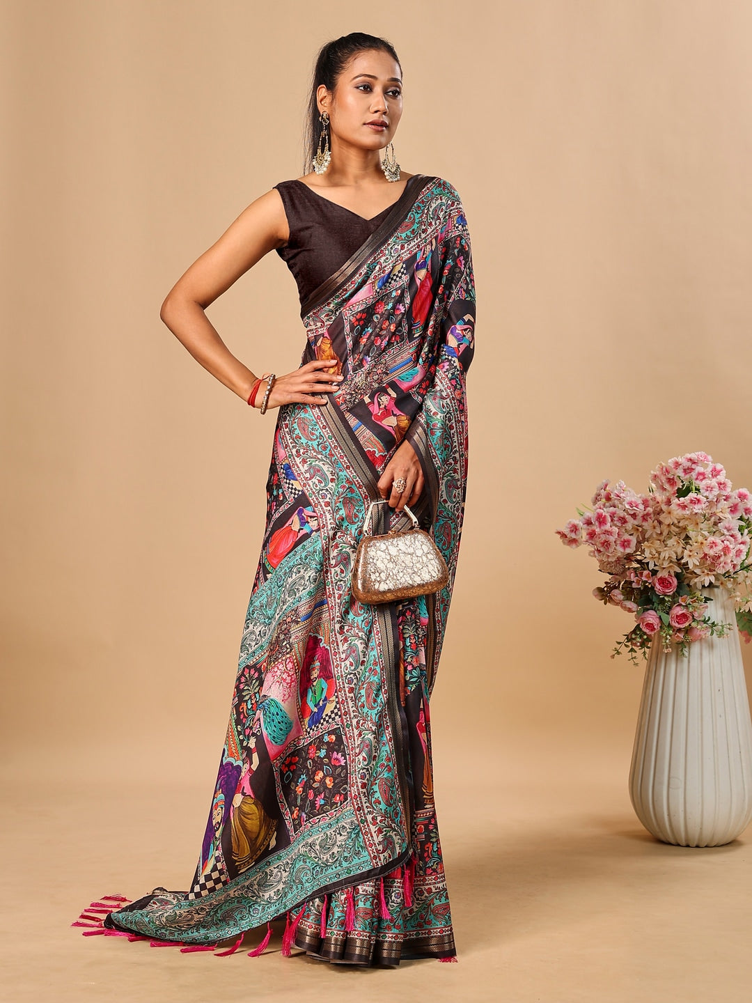 Peachmode Black Pashmina Print Soft Tussar Silk Saree - Image 4