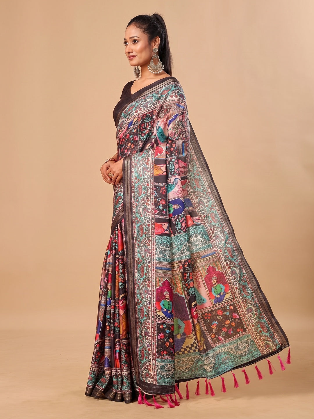 Peachmode Black Pashmina Print Soft Tussar Silk Saree - Image 5
