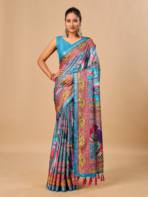 Peachmode Blue Pashmina Print Soft Tussar Silk Saree - Image 1