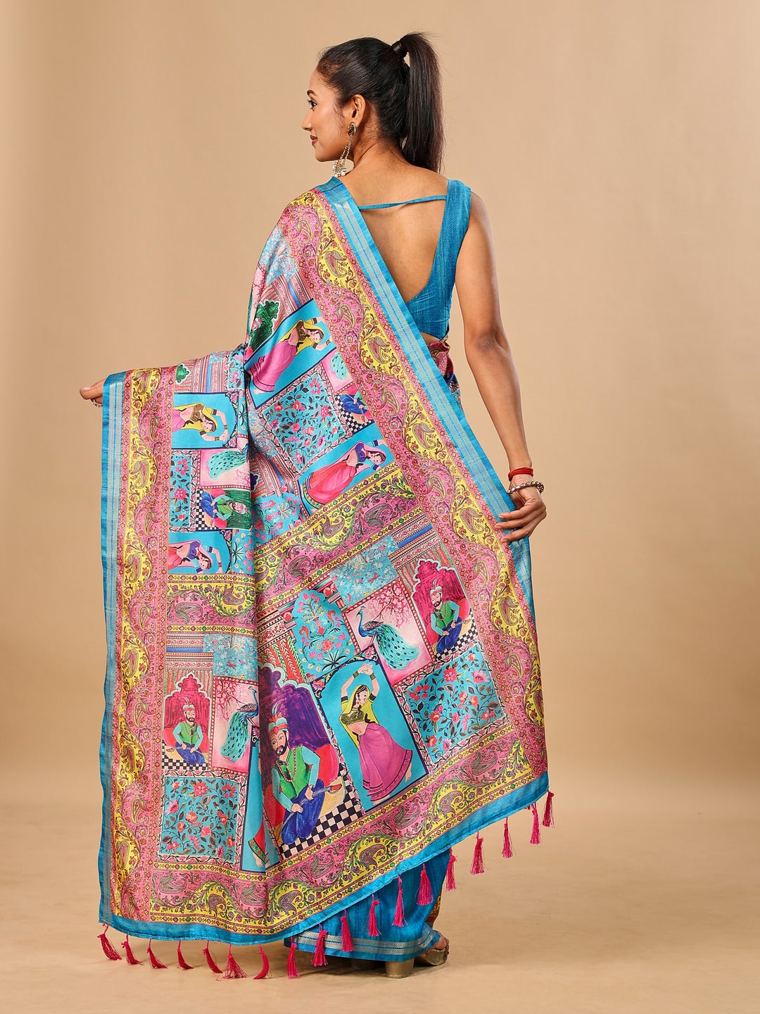 Peachmode Blue Pashmina Print Soft Tussar Silk Saree - Image 3
