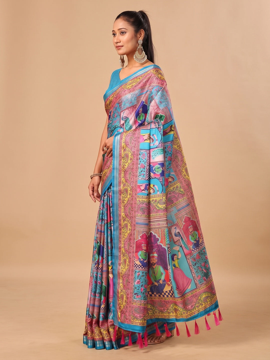 Peachmode Blue Pashmina Print Soft Tussar Silk Saree - Image 5