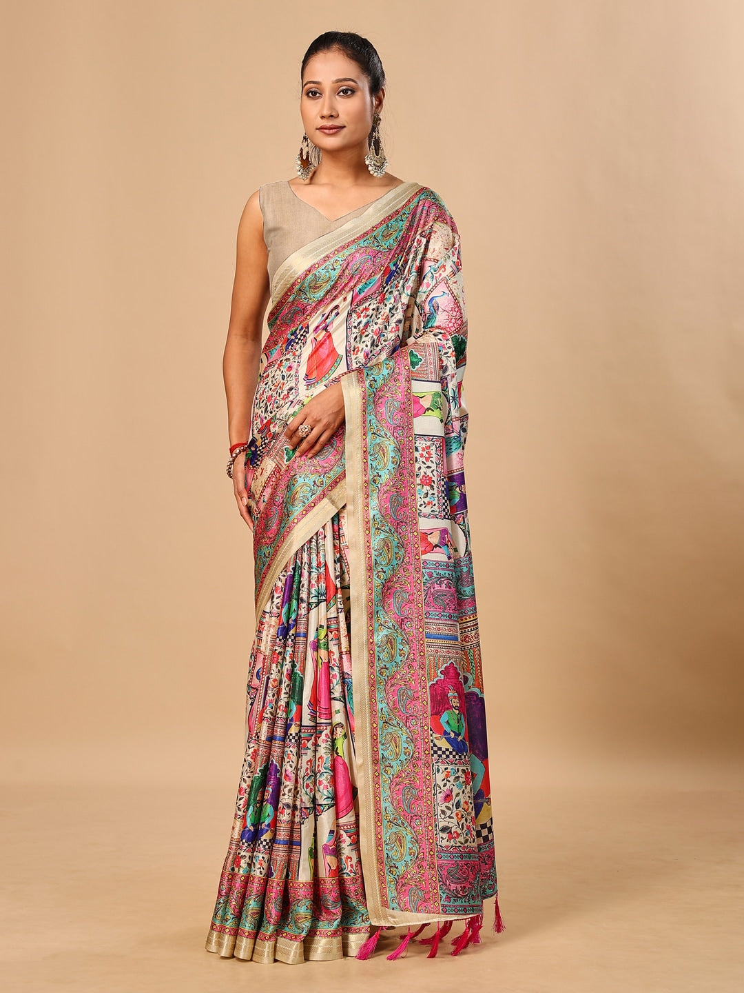 Peachmode Cream Pashmina Print Soft Tussar Silk Saree - Image 1