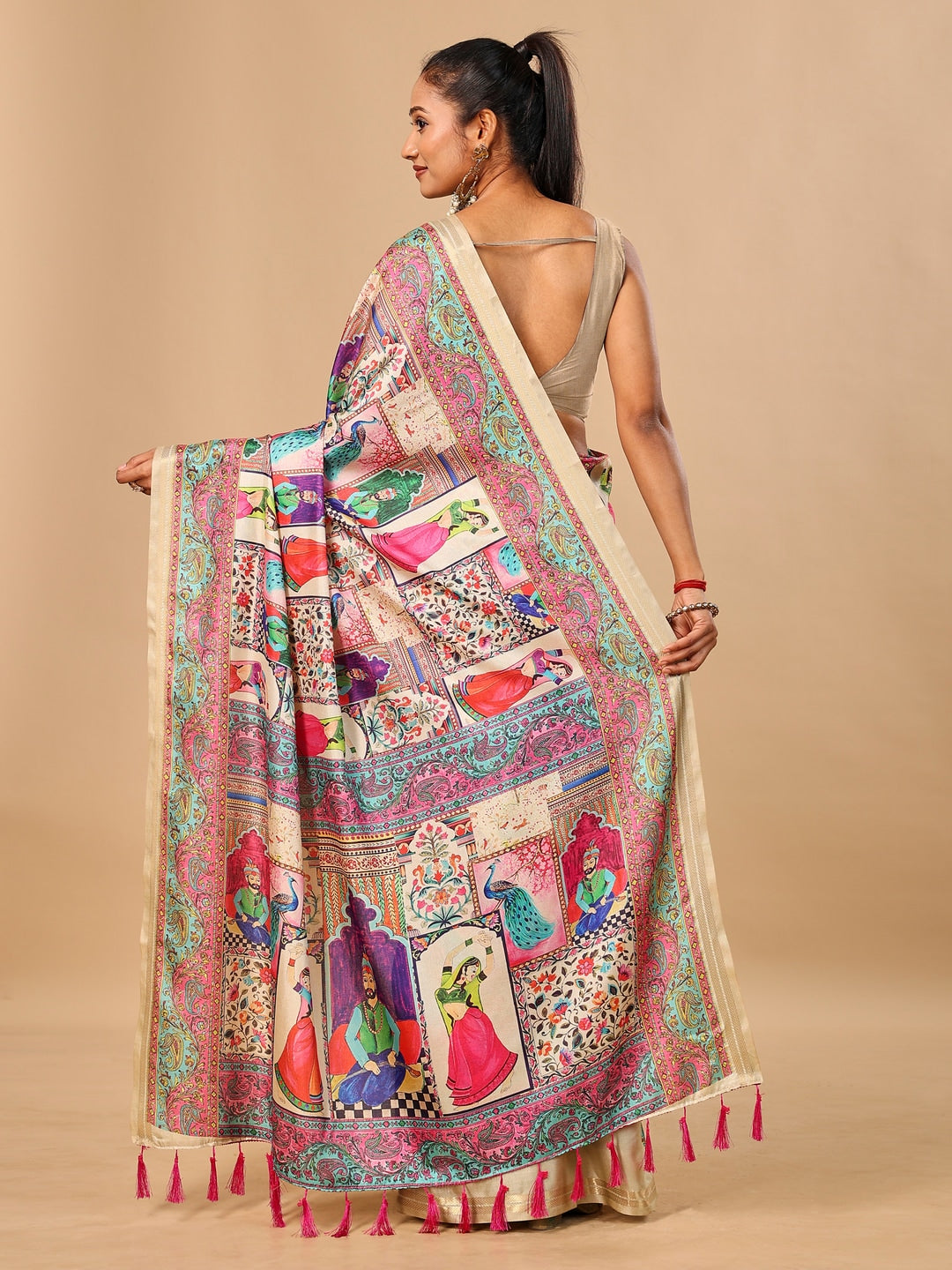Peachmode Cream Pashmina Print Soft Tussar Silk Saree - Image 3
