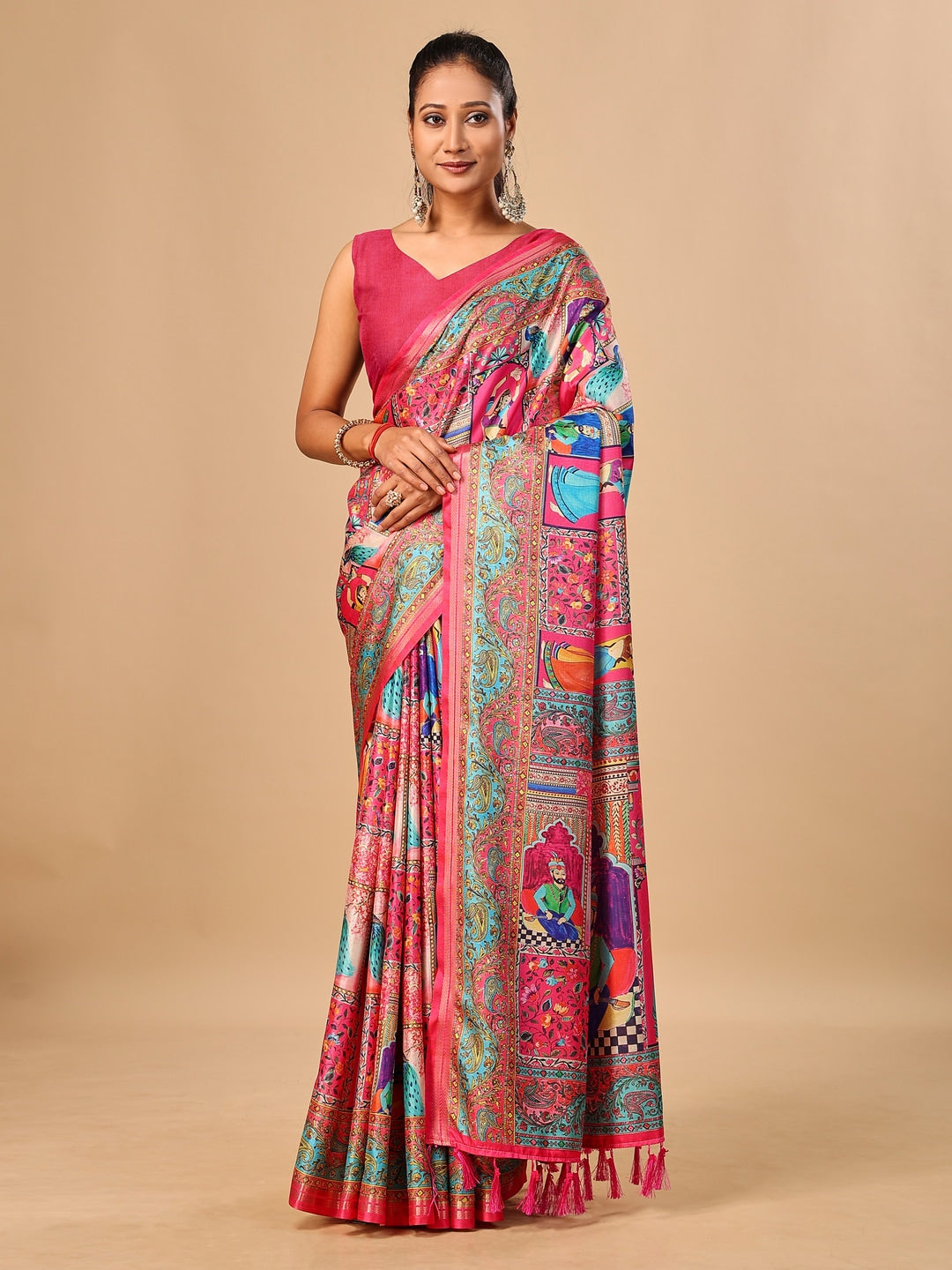 Peachmode Pink Pashmina Print Soft Tussar Silk Saree - Image 1