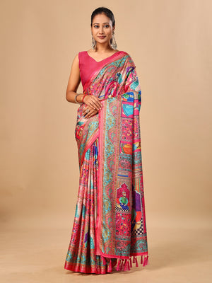 Peachmode Pink Pashmina Print Soft Tussar Silk Saree - Image 1