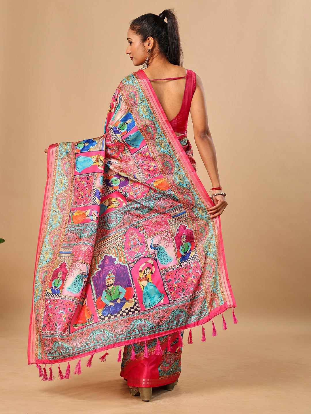 Peachmode Pink Pashmina Print Soft Tussar Silk Saree - Image 3