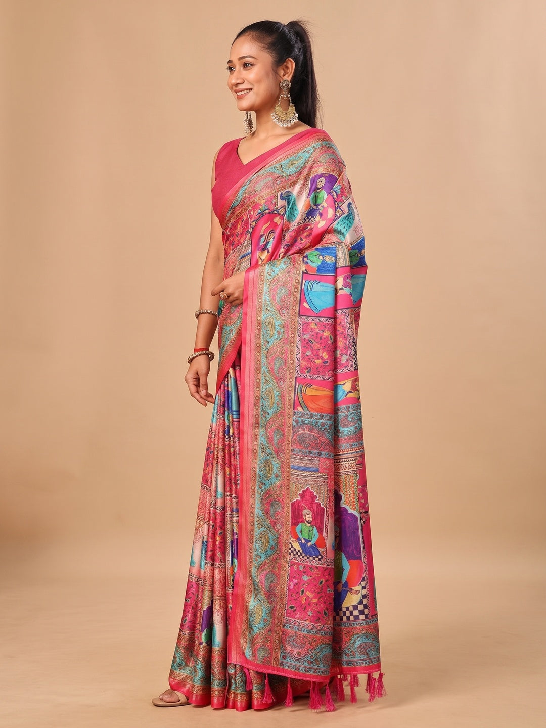 Peachmode Pink Pashmina Print Soft Tussar Silk Saree - Image 5