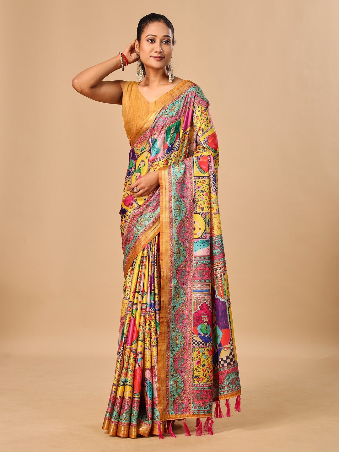 Peachmode Yellow Pashmina Print Soft Tussar Silk Saree - Image 1