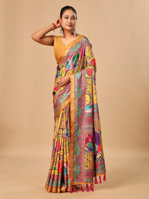 Peachmode Yellow Pashmina Print Soft Tussar Silk Saree - Image 1