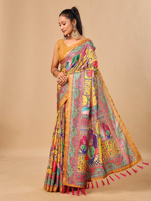 Peachmode Yellow Pashmina Print Soft Tussar Silk Saree - Image 2