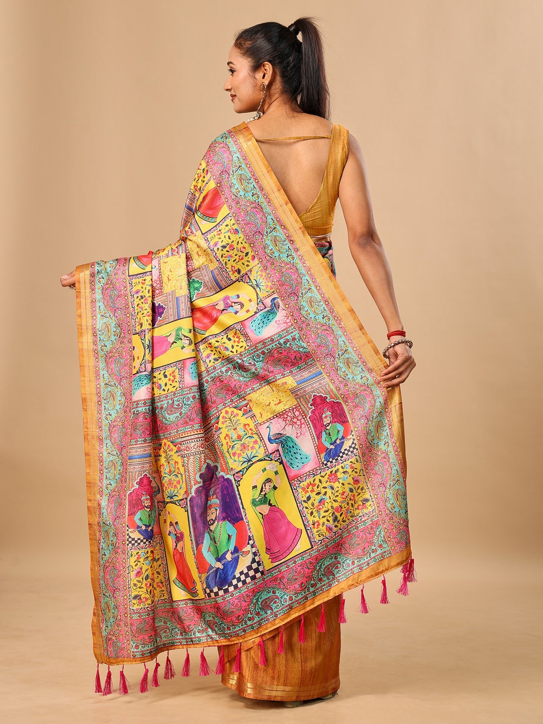 Peachmode Yellow Pashmina Print Soft Tussar Silk Saree - Image 3