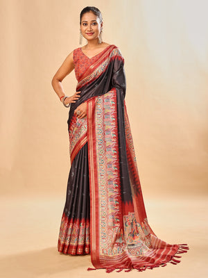 Peachmode Black Pashmina Print Soft Tussar Silk Saree - Image 1