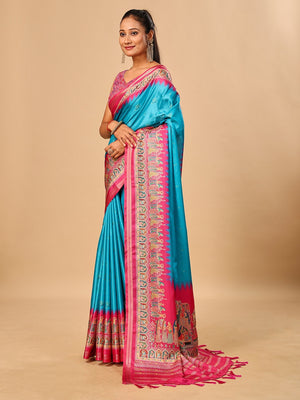 Peachmode Blue Pashmina Print Soft Tussar Silk Saree - Image 2