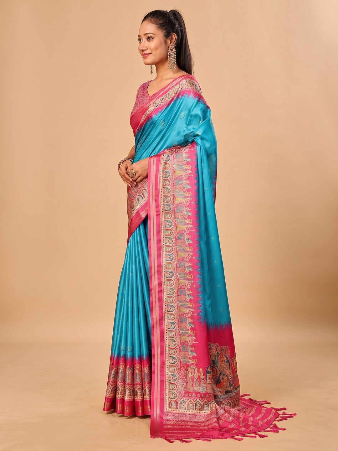 Peachmode Blue Pashmina Print Soft Tussar Silk Saree - Image 5