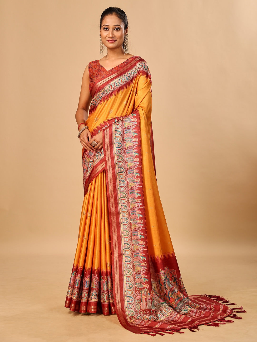 Peachmode Mustard Pashmina Print Soft Tussar Silk Saree - Image 1