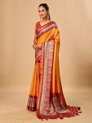 Peachmode Mustard Pashmina Print Soft Tussar Silk Saree - Image 2