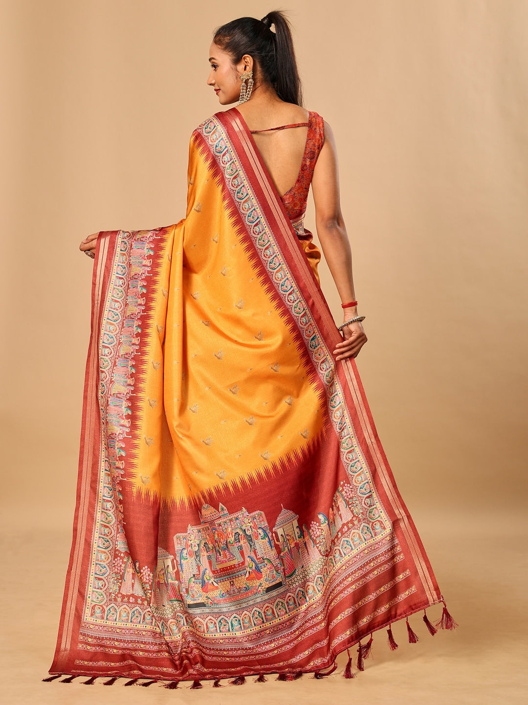 Peachmode Mustard Pashmina Print Soft Tussar Silk Saree - Image 3