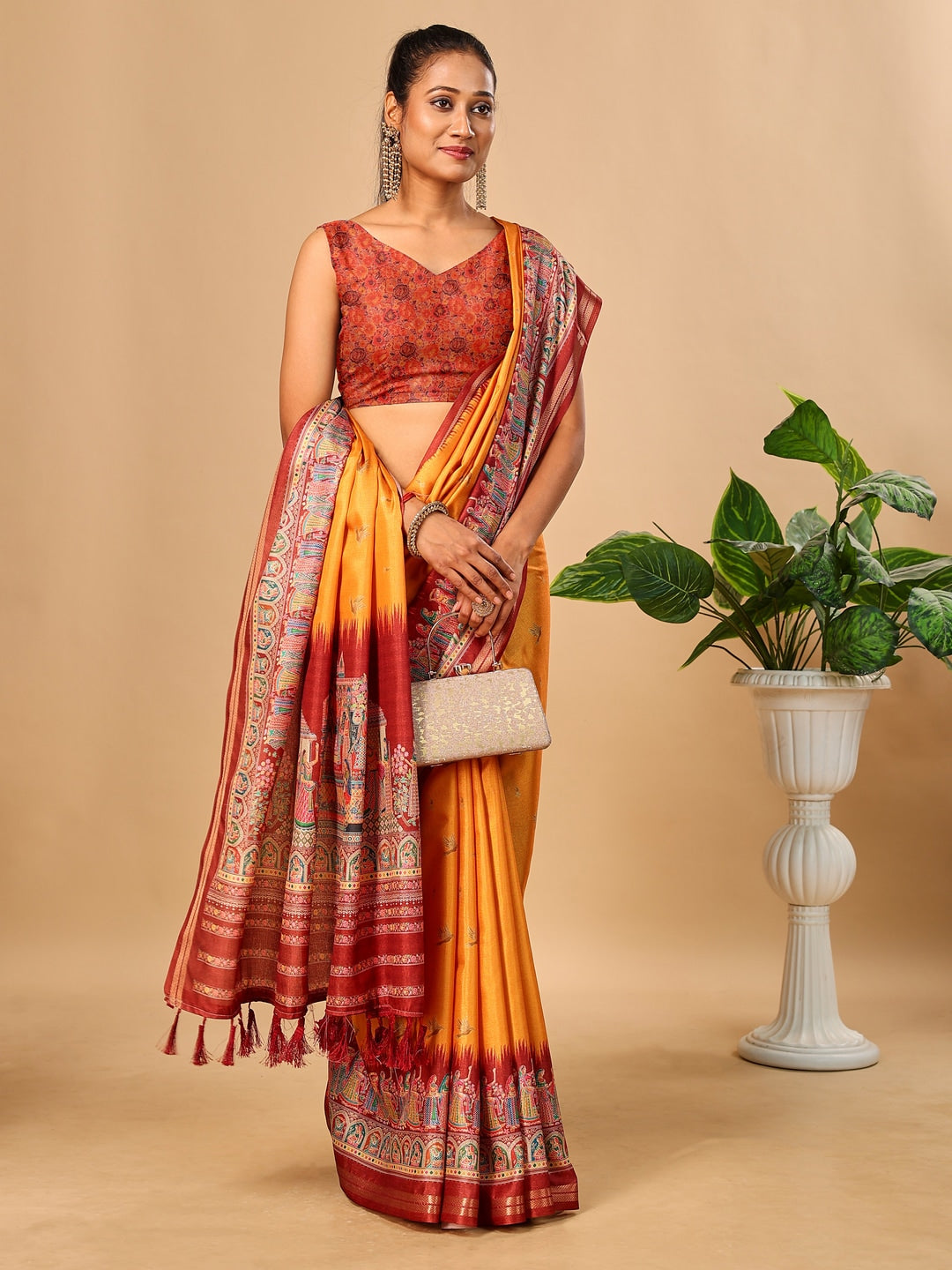 Peachmode Mustard Pashmina Print Soft Tussar Silk Saree - Image 4
