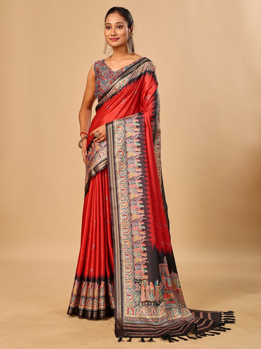 Peachmode Red Pashmina Print Soft Tussar Silk Saree - Image 1