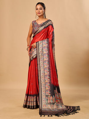 Peachmode Red Pashmina Print Soft Tussar Silk Saree - Image 1