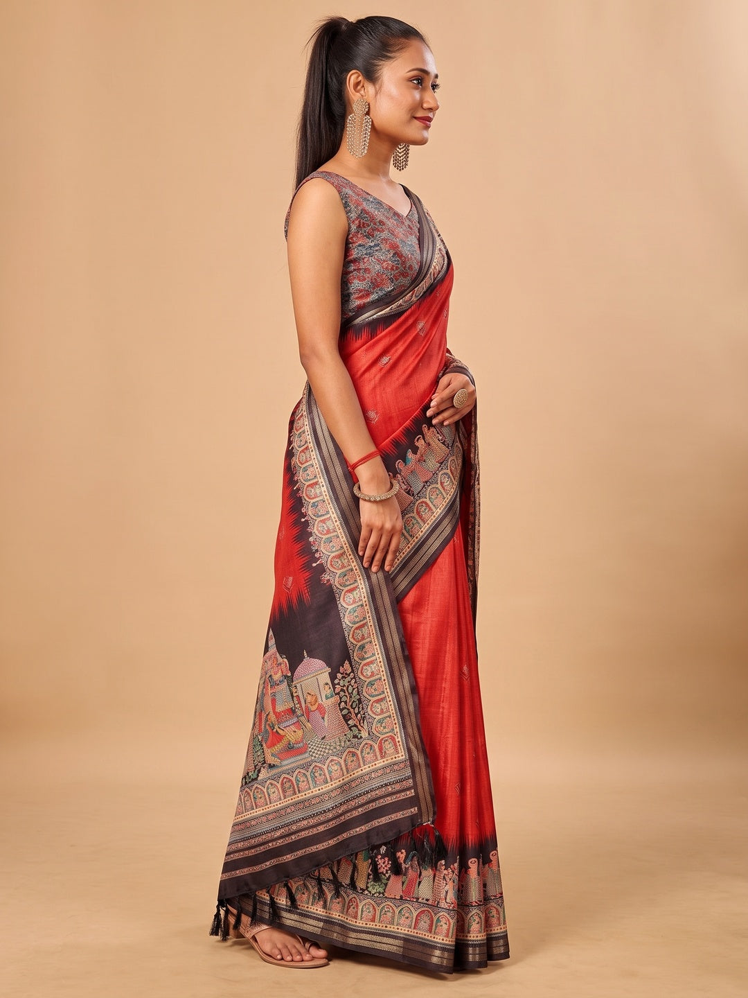 Peachmode Red Pashmina Print Soft Tussar Silk Saree - Image 5