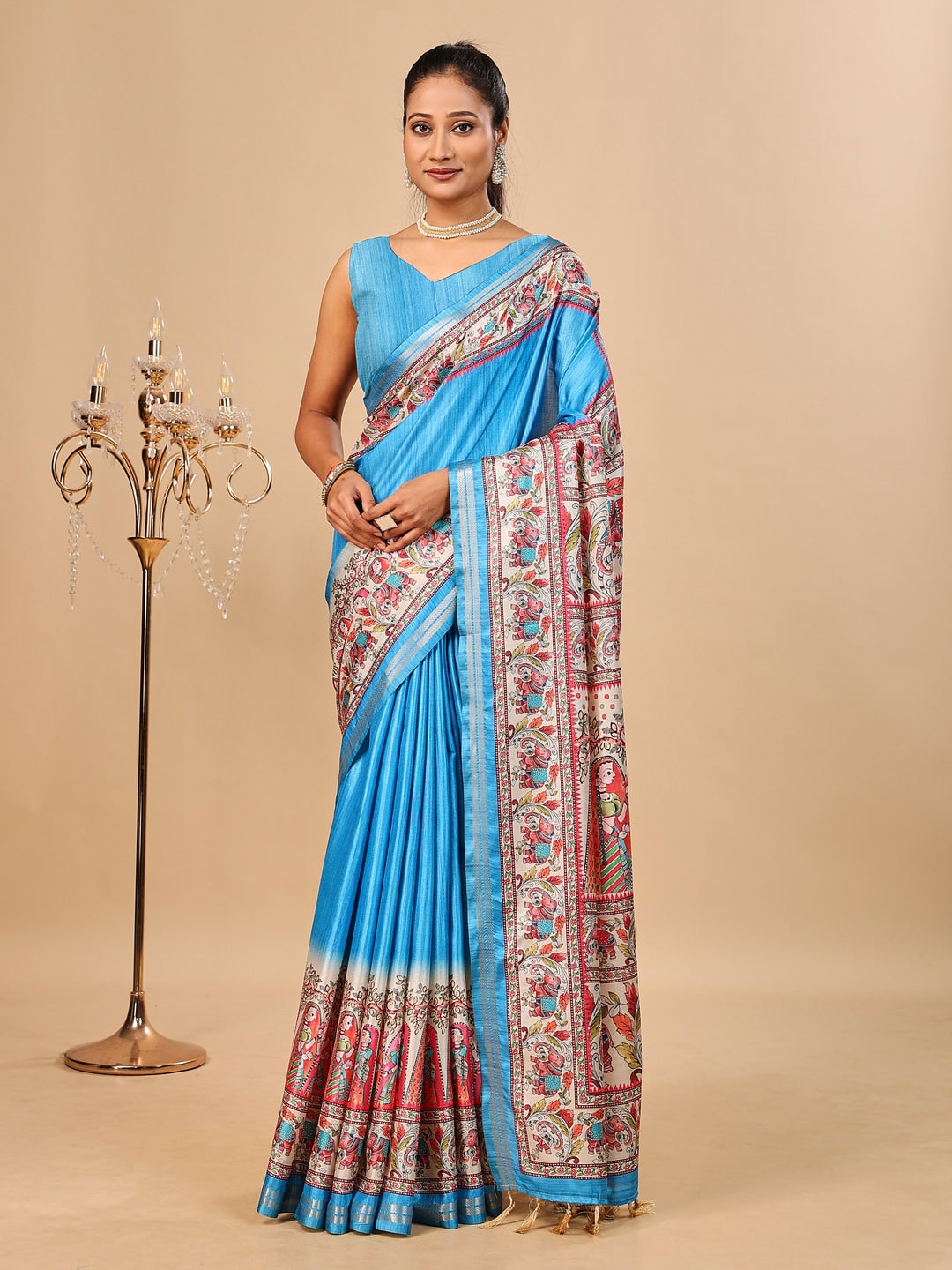 Peachmode Blue Madhubani Print Soft Tussar Silk Saree - Image 1