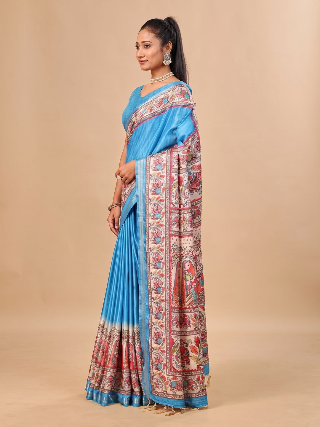 Peachmode Blue Madhubani Print Soft Tussar Silk Saree - Image 5