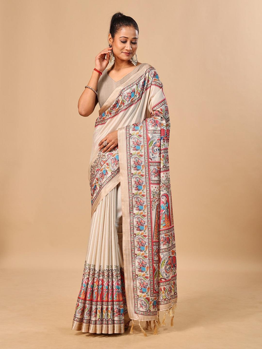 Peachmode Cream Madhubani Print Soft Tussar Silk Saree - Image 1