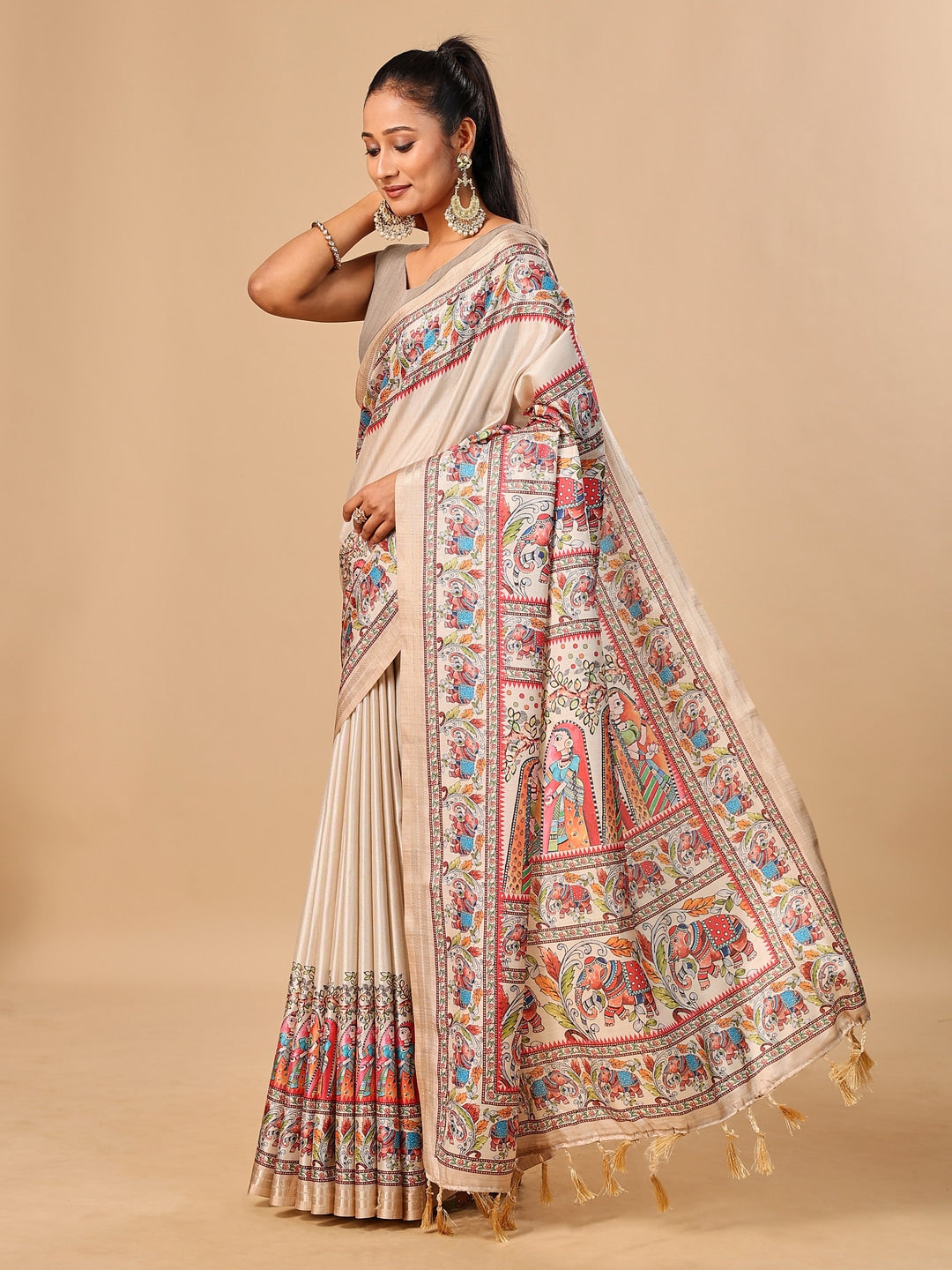 Peachmode Cream Madhubani Print Soft Tussar Silk Saree - Image 2