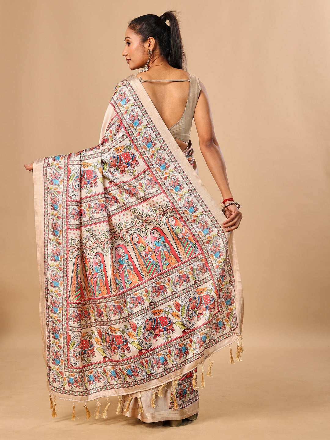 Peachmode Cream Madhubani Print Soft Tussar Silk Saree - Image 3