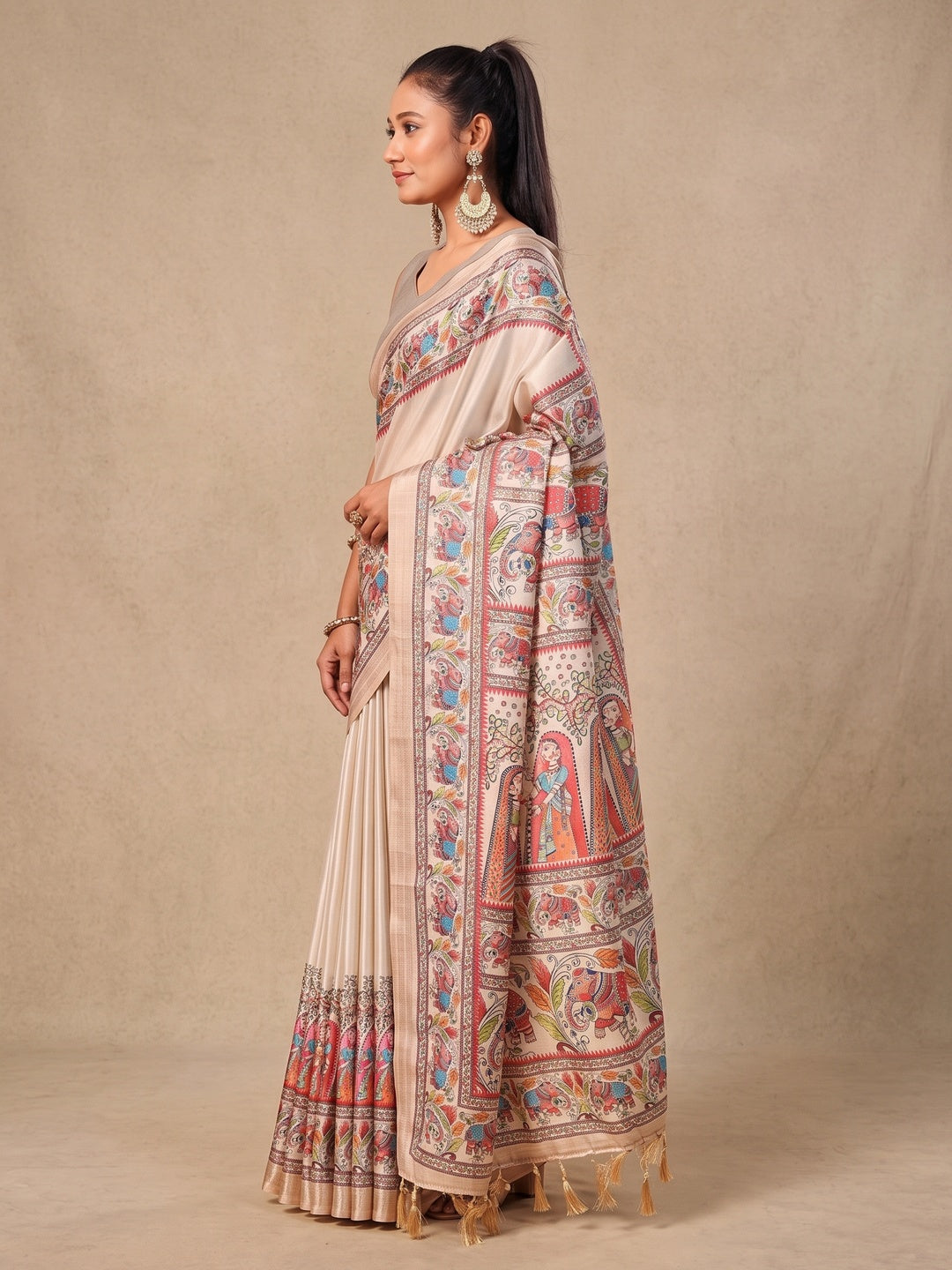 Peachmode Cream Madhubani Print Soft Tussar Silk Saree - Image 5